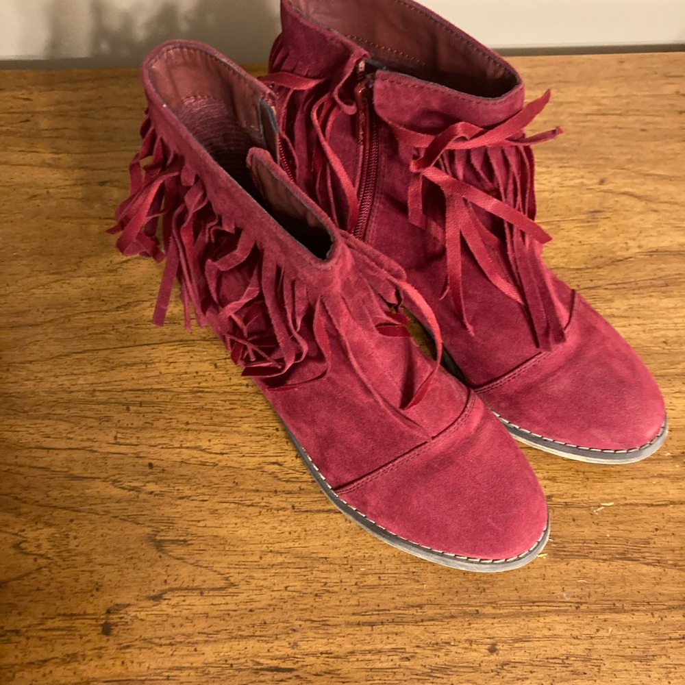Wine Red Fringe Ankle Booties Suede Breckelles Dorado